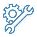 A blue icon of a wrench and gear.