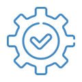 A blue icon of a gear with a check mark inside it.